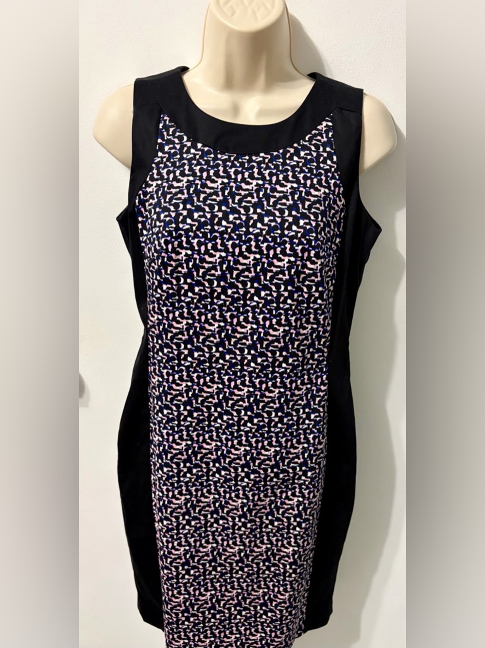 Liz Claiborne Black Midi Dress with Pink & Blue Abstract Print